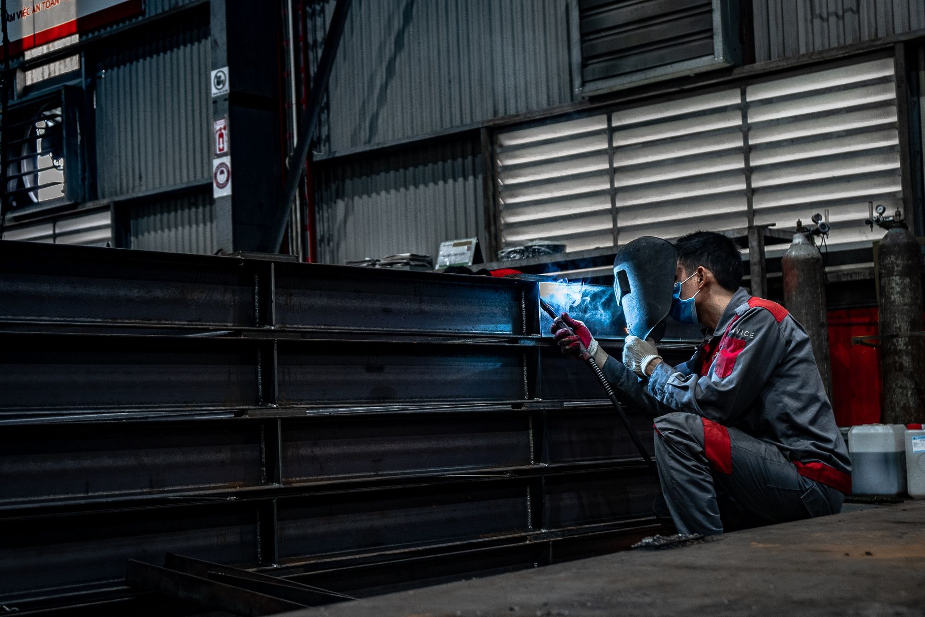 Welded steel frames in a fabrication workshop